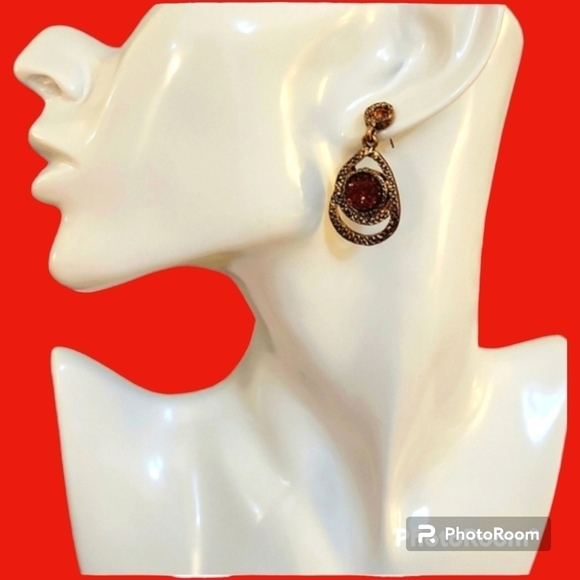 Vintage Jewelry - vtg Estate Brass Orange Druzy Teardrop Nebula Earrings